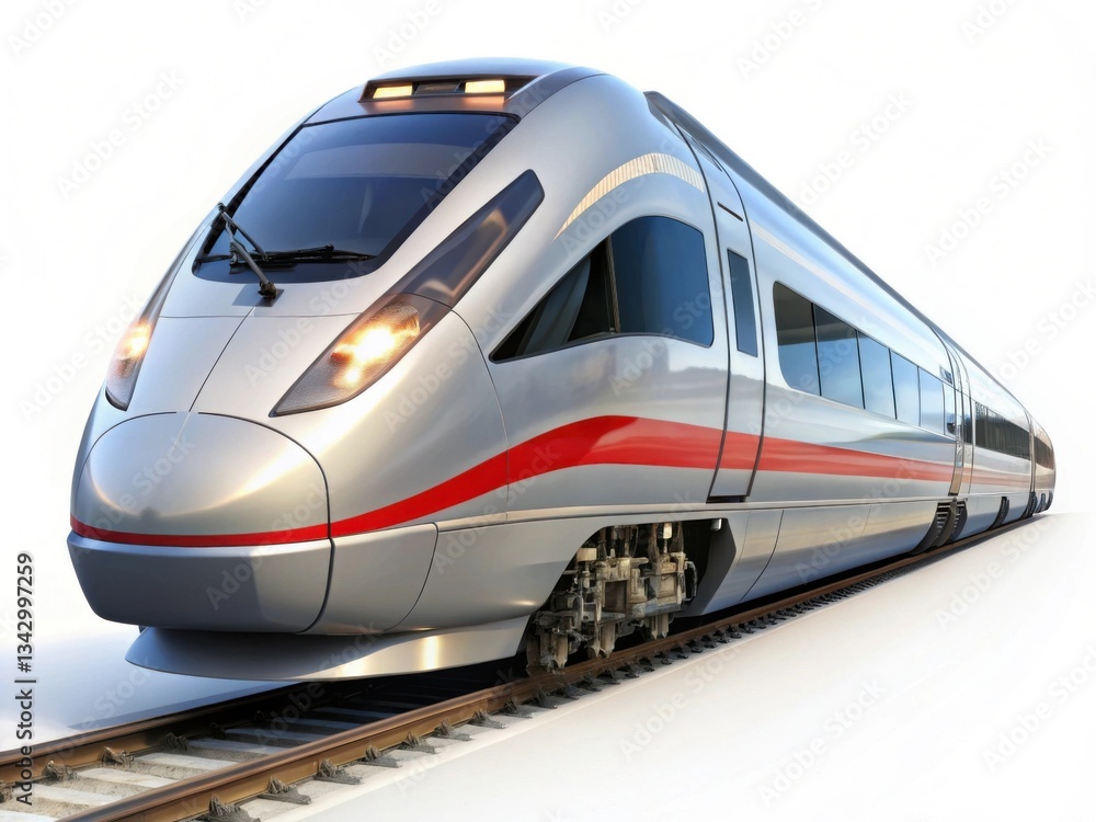 Naklejka premium A red and white train is traveling down the tracks