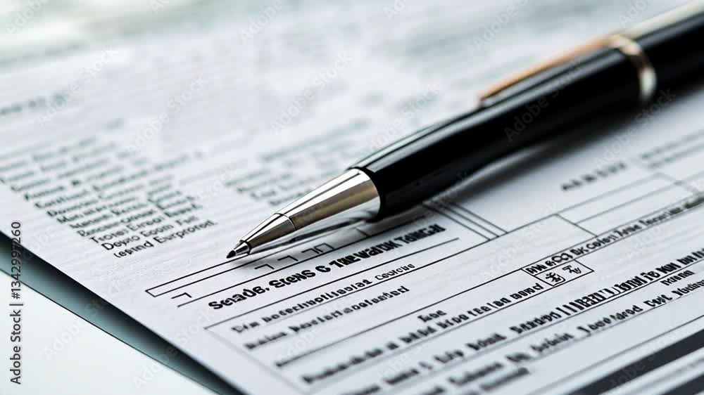 Detailed Analysis with Pen: Captivating high-angle shot of a sleek pen poised over detailed financial documents. The scene exudes focus and the meticulous nature of business and accounting.