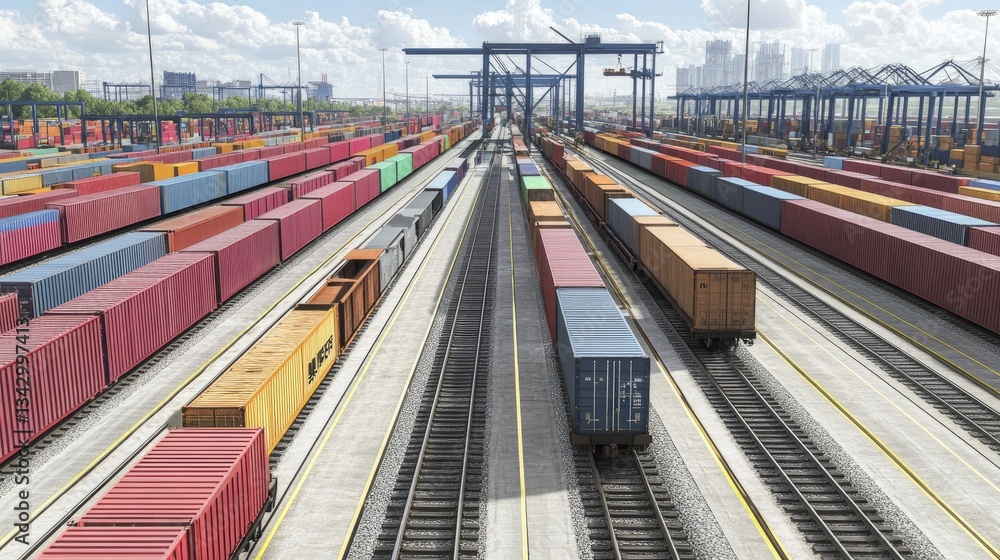 Fototapeta premium A freight rail yard with rows of shipping containers and automated sorting systems.