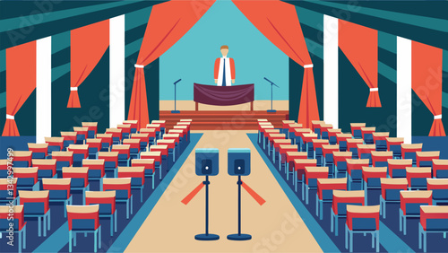 Rows of neatly aligned chairs and a stage adorned with banners and microphones await the students entering the school auditorium for assembly.. Vector illustration