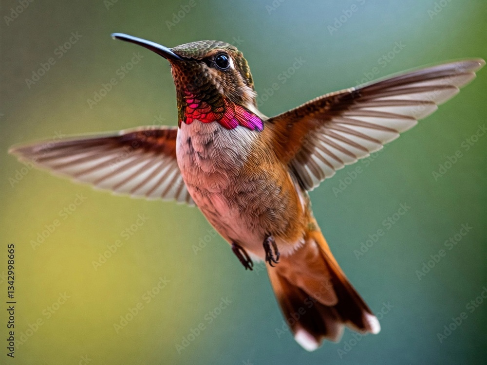 Fototapeta premium A stunning close-up of a colorful hummingbird in mid-flight, displaying vibrant iridescent feathers. The blurred green background enhances the bird’s elegance and delicate wing motion in nature.