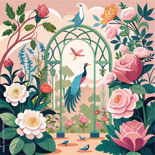 Victorian Style Trellis Garden with Pastel Flowers in Bloom
