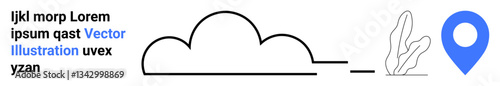 Abstract cloud line art, a blue location marker, and minimal decorative elements. Ideal for technology, travel, navigation, maps, connectivity, communication and simple landing page