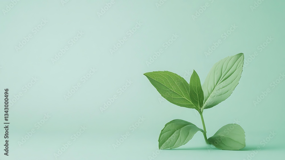 Fototapeta premium A green plant with fresh leaves against a soft mint background, symbolizing nature and growth.