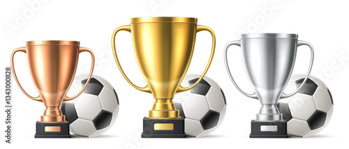 Trophy cups with soccer balls. Champion award ceremony. Gold, silver and bronze 3D goblets. Sport game competition. Football club. Tournament achievement. Vector winning rewards set
