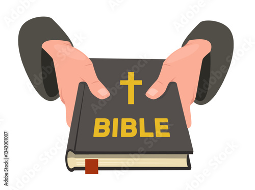 Priest holds bible in hands. Holy book giving to prayers. Jesus crucifix. Gospel reading. Pastors arms gesture. Christianity confession. Biblical literature. Vector religious concept