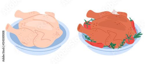 Raw and cooked chicken carcass on dinner plate. Food preparing. Barbecue meat dish. Whole broiler cooking. Uncooked poultry. Roasted turkey. Kitchen product. Bird preparation vector set