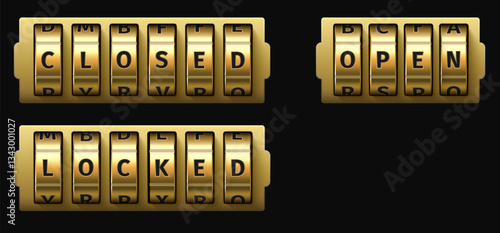 Realistic dial code lock with words closed and open. Golden rotating wheels. Codeword for safe protection. Metal letters. Locked strongbox. Passcode text. Vector spinning reel elements set