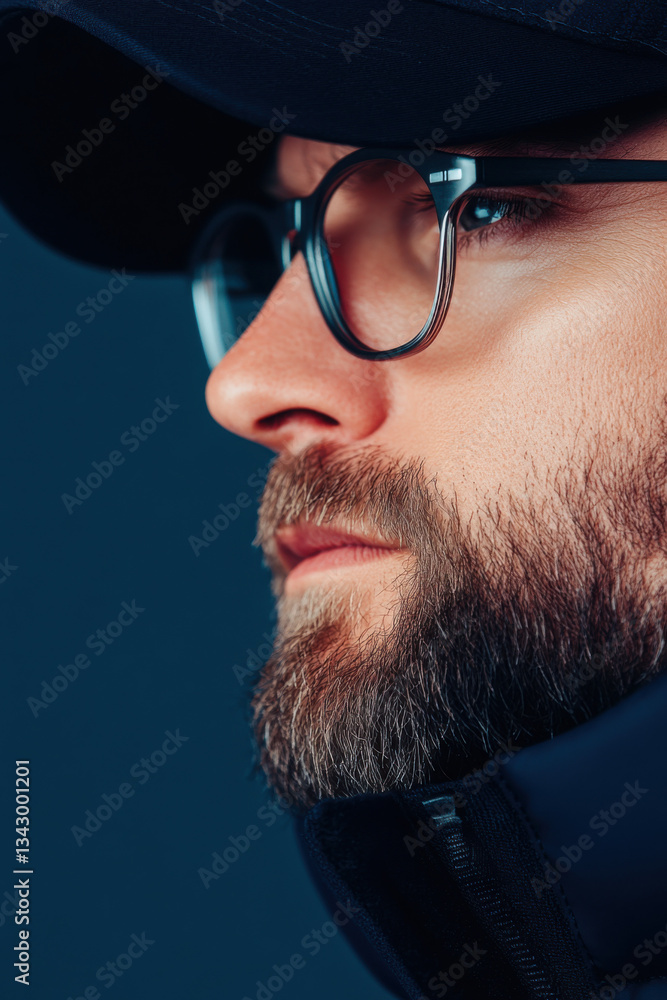 Close up profile of bearded man wearing glasses and cap looking away Close up profile of bearded man wearing glasses and cap looking away