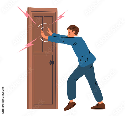 Man pushes closed door. Symbol of dead end. Guy pressing with force efforts. Strength action. Doorway slam. Person pulling doorknob. Pressure move to blocked entrance. Vector concept