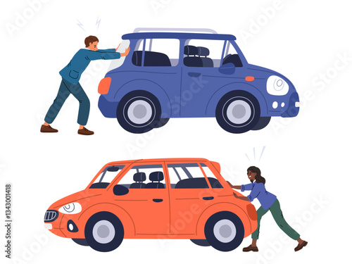 Man and woman pushing their broken down cars. Road accident. People press with efforts. Breakdown automobile. Problem with motor or gasoline. Driver pulling vehicle. Vector concept