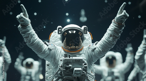 Astronauts in the Cosmos: A group of astronauts, clad in their space suits, jubilantly raise their hands towards a starlit cosmos, celebrating a successful mission.