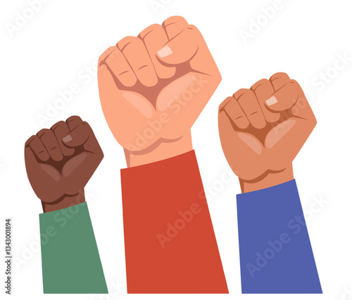 Hands clenched into fists as symbol of protest or struggle. Social movement. Riot gesture. Demonstration and resistance. Fight for solidarity and equality. Raised arm. Vector concept