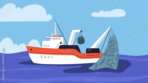 Fishing ship catches fish in ocean with nets. Fisherman marine trawler. Fisher motorboat. Industrial fishery. Cargo tugboat with trawl tackle. Sea schooner transportation. Vector seascape
