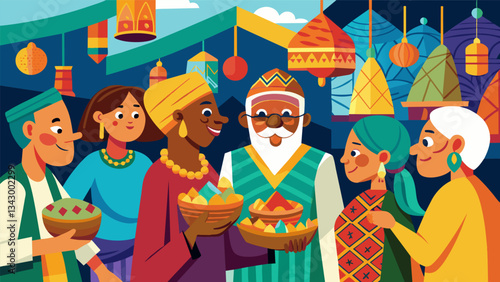 A group of curious golden years travelers inspecting intricate carvings and vibrant colors at a bustling African market taking in all the sights and sounds of a new culture.. Vector illustration