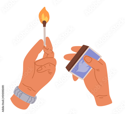 Burning match in human fingers. Hands lighting fire at matchstick. Arms holding matchbox. Flammable head and wooden straw. Fire ignition. Cardboard box. Blaze from spark. Vector concept