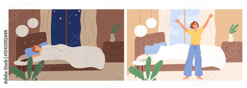 Bedroom interior with sleeping or awake girl. Woman in pajamas. Morning awakening. Evening dreaming. Comfortable bed. Cozy home room. Daily rest schedule. Everyday relax. Vector concept