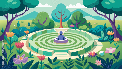A garden with a peaceful meditation labyrinth bordered by aromatic plants and flowers to stimulate the senses.. Vector illustration