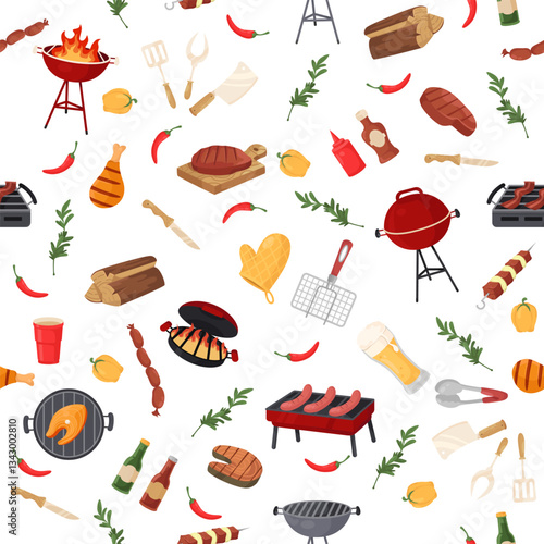 Barbecue seamless pattern. Picnic food. Grill with meat steaks and sausage. Frying fish. Beer glass. Ketchup sauce bottle. BBQ grid. Spice herb. Firewood for cooking. Vector background