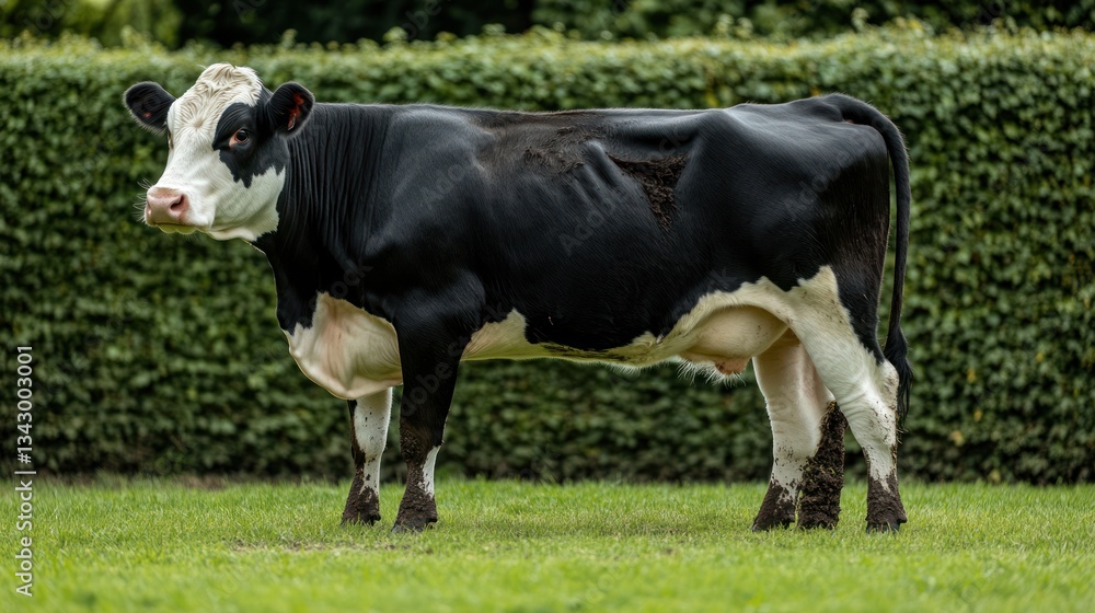 Black and white cow in grassy field behind hedge. Possible use Stock photo for agricultural magazine Black and white cow in grassy field behind hedge. Possible use Stock photo for agricultural magazine