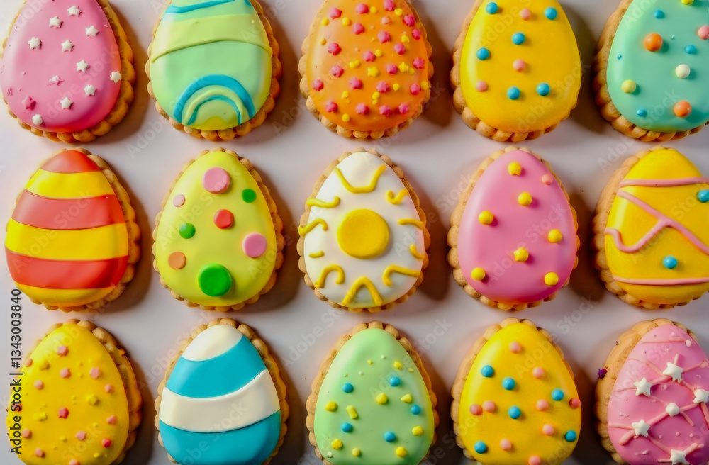 happy Easter. colorful pastel Easter cookies in the shape of eggs on a pink background. home cooking. beautifully decorated pastries. view from above happy Easter. colorful pastel Easter cookies in the shape of eggs on a pink background. home cooking. beautifully decorated pastries. view from above