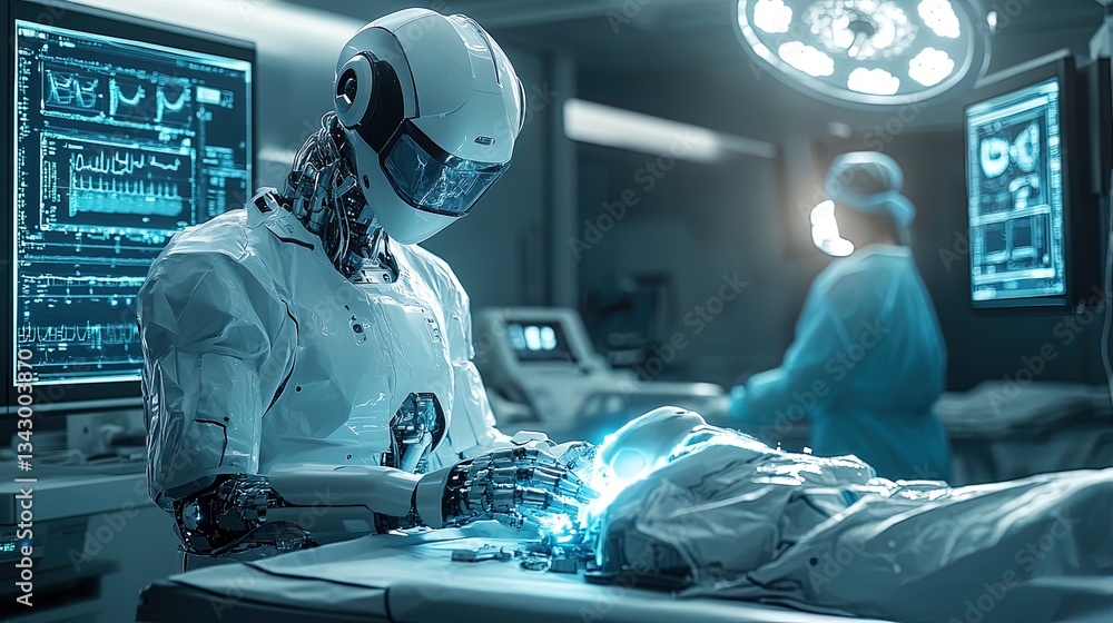A robot assisting a doctor in surgery in a glowing futuristic operating room A robot assisting a doctor in surgery in a glowing futuristic operating room