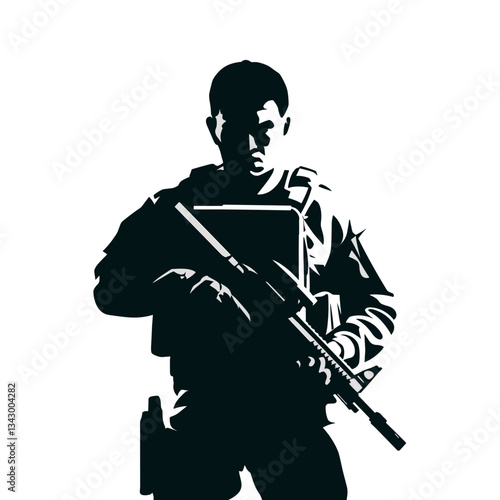 Soldier Silhouette with Rifle in Tactical Gear Isolated on White Background