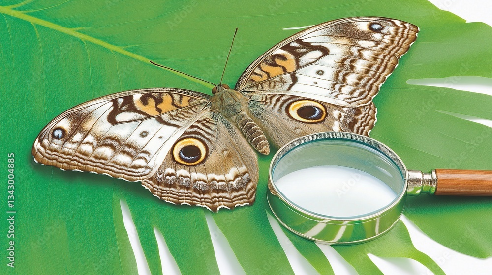 Fototapeta premium Owl butterfly leaf magnifying glass nature study