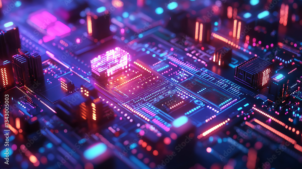 Fototapeta premium Futuristic Circuit Board with Glowing Neon Elements and High-Tech Design, Generative AI