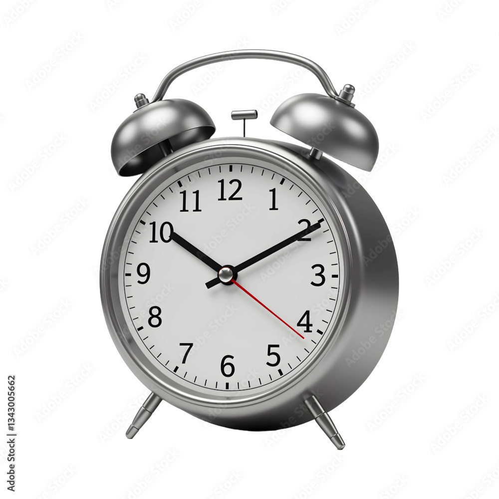 Silver alarm clock with bells, showing the time. Silver alarm clock with bells, showing the time.