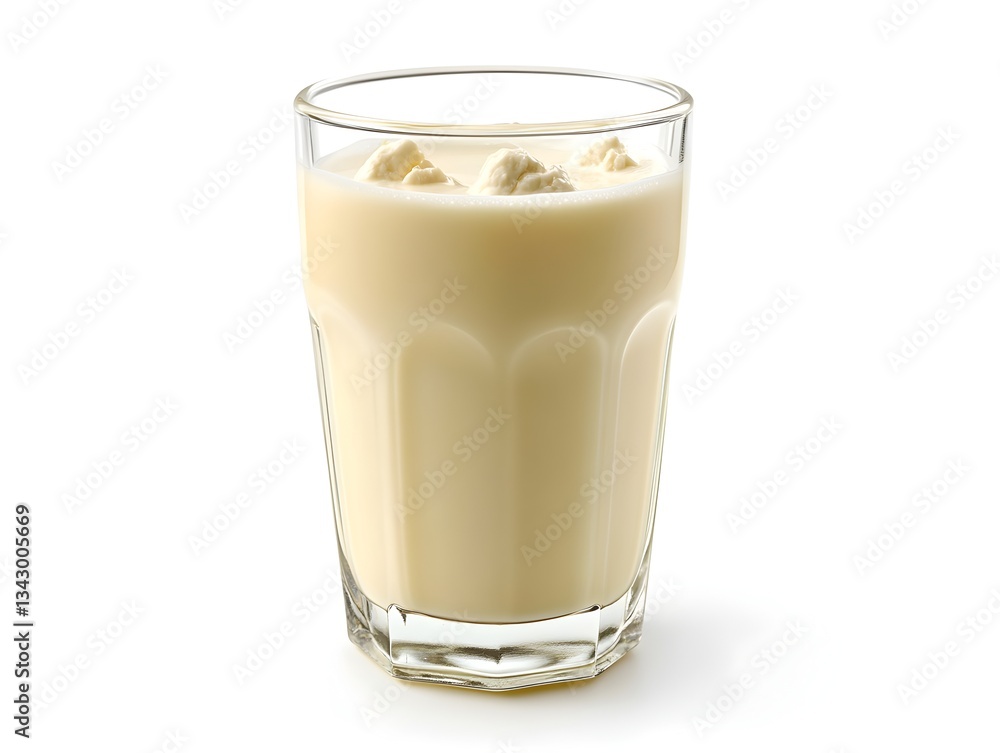 A refreshing glass of creamy yogurt drink with crunchy granola topping sits on a white background.