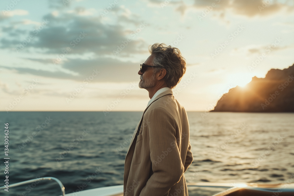 Sophisticated Businessman Enjoying a Sunset Cruise on a Luxury Yach Sophisticated Businessman Enjoying a Sunset Cruise on a Luxury Yach