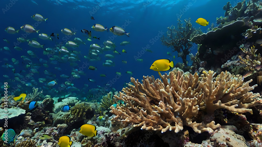 Naklejka premium Exploring Vivid Coral Reef Ecosystem with Tropical Fish Underwater World
