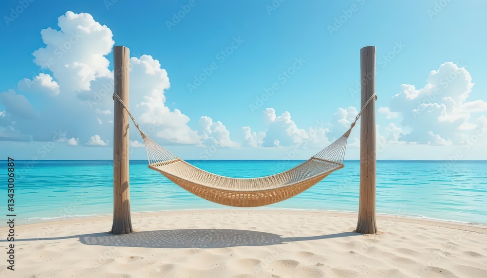 Obraz premium Hammock on Tropical Beach with Turquoise Water and Blue Sky