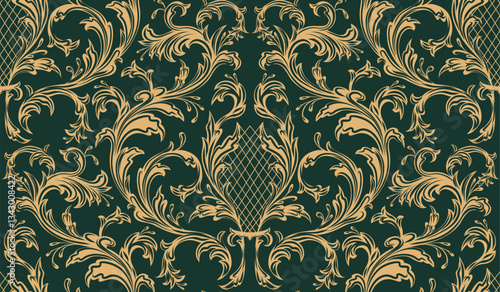 Vector tracery vintage seamless pattern. Ornament with yellow silhouette of floral curls on green background. Baroque texture