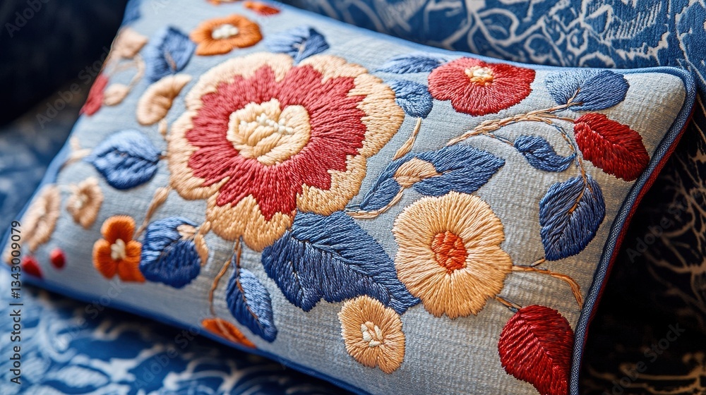 Rectangular pillow with floral embroidery on a blue floral patterned couch. Use for home decor or textiles designs, illustrating classic craftsmanship.