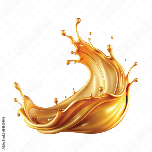 Abstract 3d  liquid gold or caramel splash in curve style with many drops isolated on white background	
