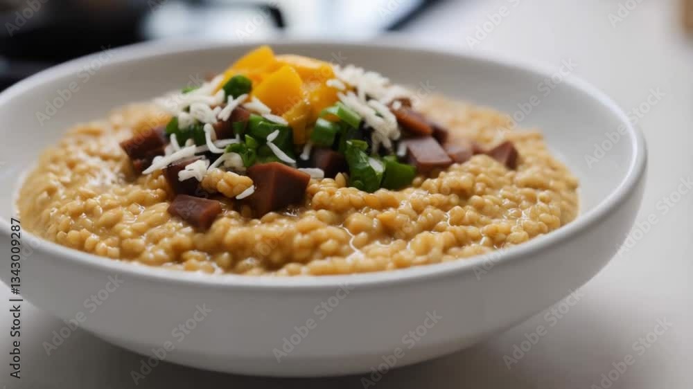 Close-up of spelt porridge with rich textures of grains and toppings, minimal clean kitchen setting
Close-up of spelt porridge with rich textures of grains and toppings, minimal clean kitchen setting