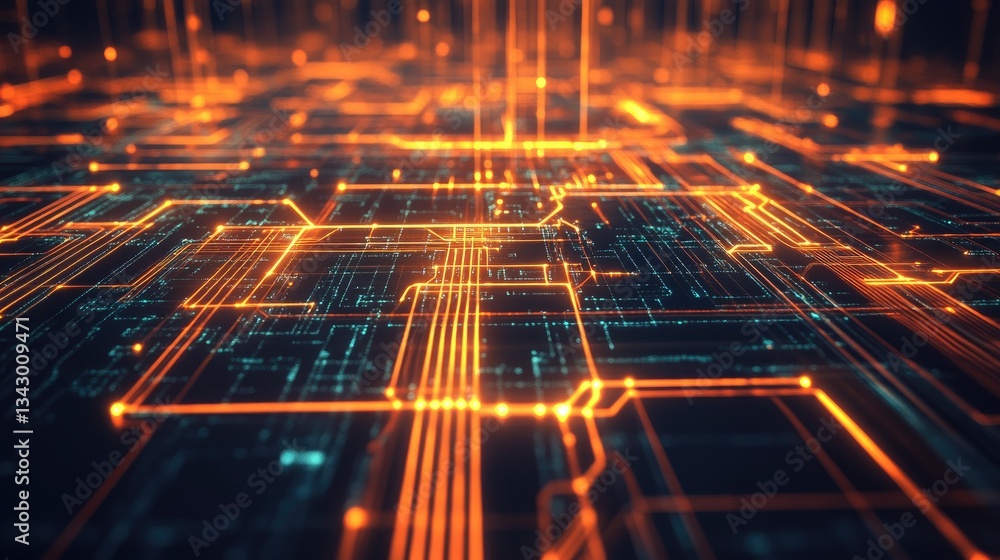 Fototapeta premium A high-tech digital business logo with an abstract PC icon and glowing network lines.