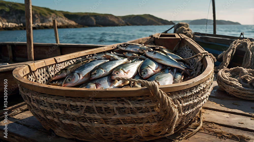Basket Full of Freshly Caught Fish on Boat Near Coastal Scenery Basket Full of Freshly Caught Fish on Boat Near Coastal Scenery