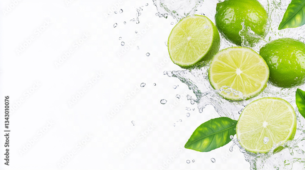 Splashing lime slices with green leaves on white background Splashing lime slices with green leaves on white background