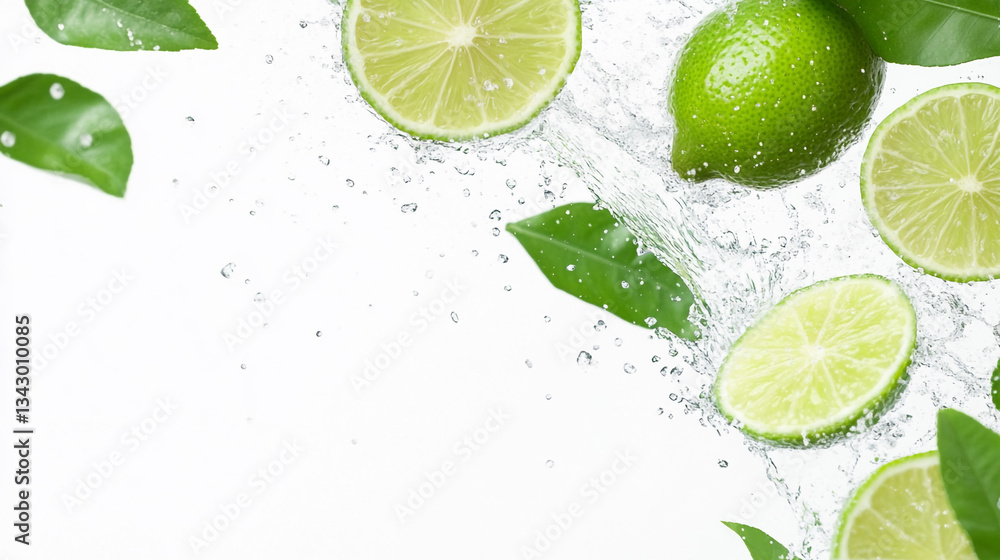 Fresh lime slices with green leaves on white background Fresh lime slices with green leaves on white background