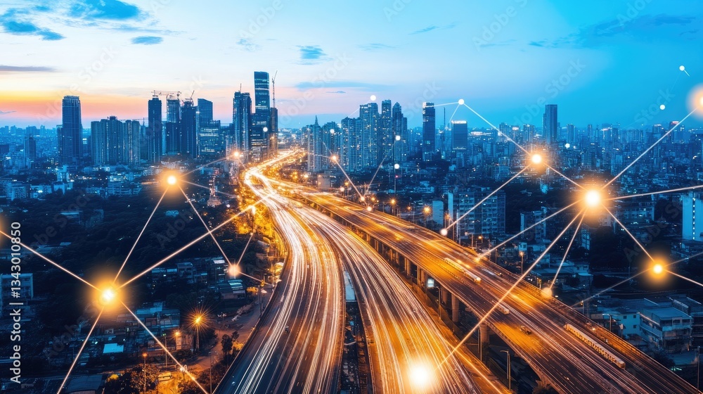 Fototapeta premium A holographic projection of a clean energy transportation network in a futuristic city.