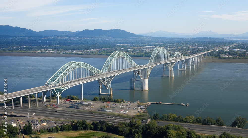 Fototapeta premium A large highway bridge with elegant engineering design, spanning across a vast river.