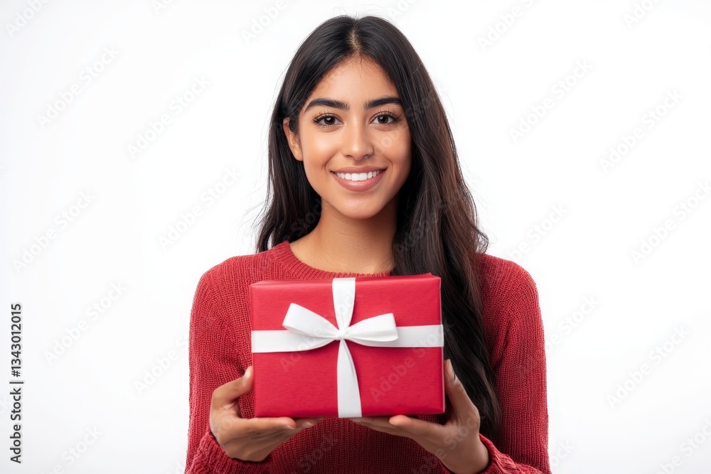 portrait of a happy hispanic woman holding a red present with a white ribbon portrait of a happy hispanic woman holding a red present with a white ribbon