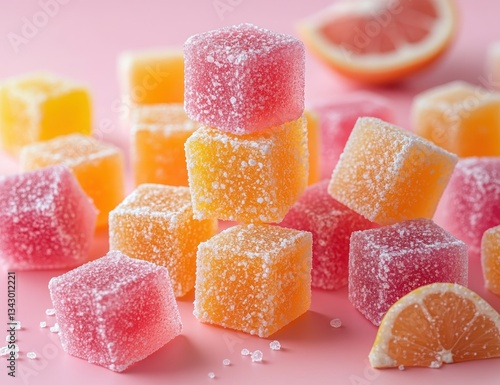 Pink background, sugared fruit jellies, citrus slices, sweet treat photo