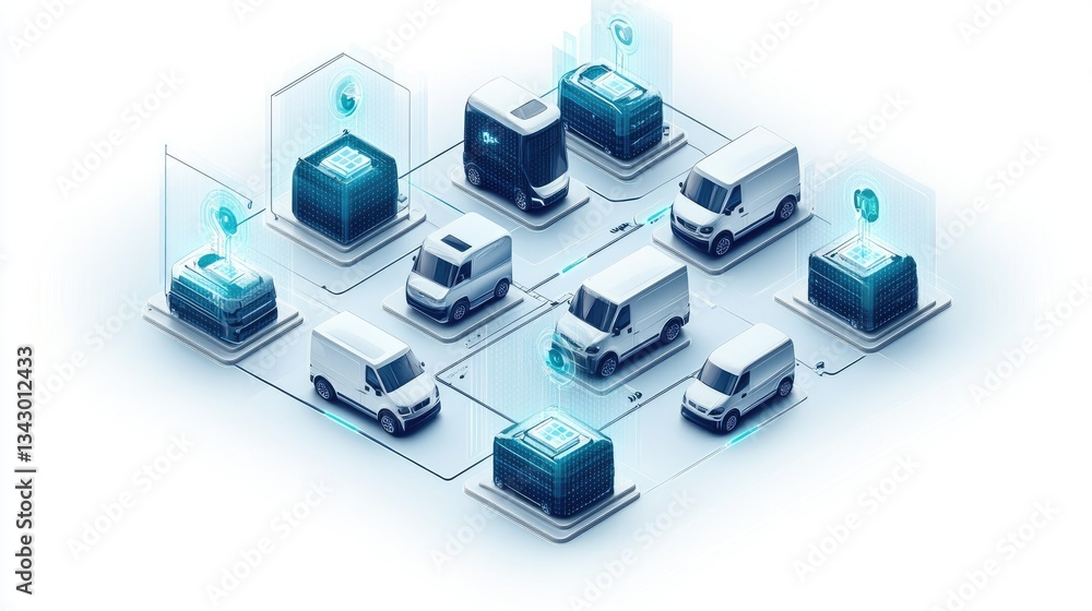 A minimalist concept illustration of clean energy vehicles interconnected in a smart city grid. A minimalist concept illustration of clean energy vehicles interconnected in a smart city grid.