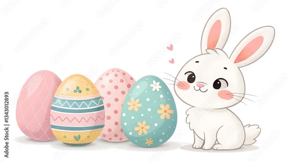Adorable White Easter Bunny with Cute Painted Eggs in a Pastel Color Palette on a White Background Adorable White Easter Bunny with Cute Painted Eggs in a Pastel Color Palette on a White Background