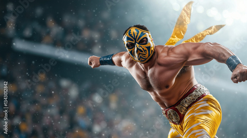 Masked Wrestler: A dynamic image of a masked wrestler in action, showcasing strength and agility in a brightly lit arena, evoking the excitement of professional wrestling.