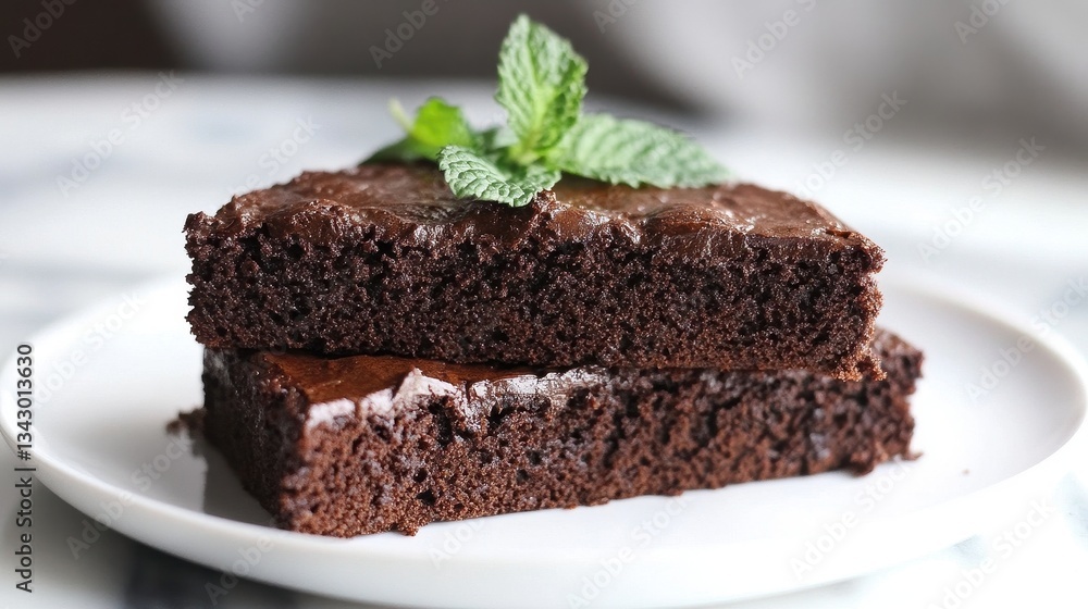Two chocolate brownies are stacked with mint on a white plate. Use this image for your dessert menu or social media posts. Two chocolate brownies are stacked with mint on a white plate. Use this image for your dessert menu or social media posts.